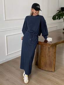 DAZY Bộ 2 món áo cánh rộng cổ tròn màu trơn và chân váy denim cho nữ, mùa thu - Rửa trung bình - Xem 8