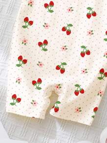 SHEIN 奶油白色连体短裤，带有可爱的迷你草莓、花朵和波尔卡圆点印花，休闲女婴连体衣，适合春夏季、清凉度假、居家、户外、野餐、度假 - 彩色 - 查看 4