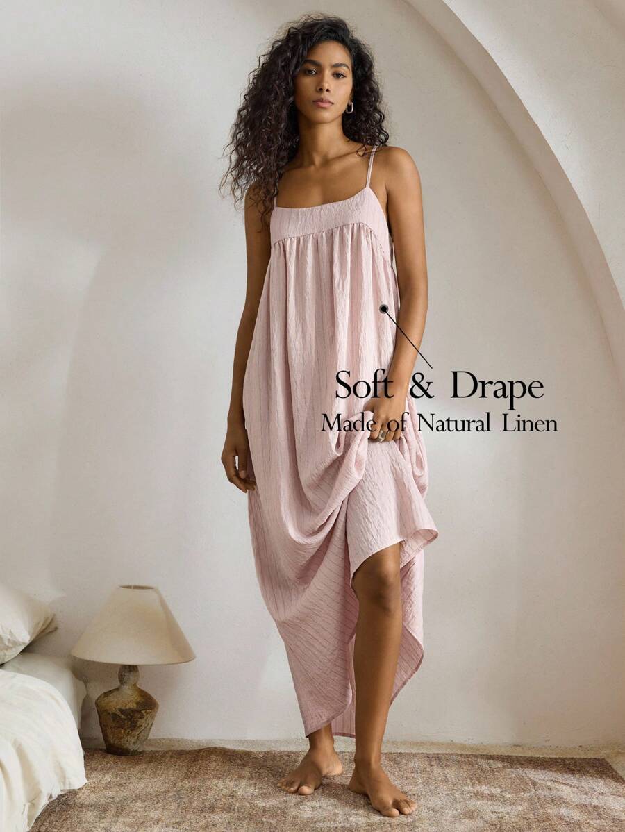 Ocili 休闲女士舒适天然亚麻条纹吊带睡袍娃娃装家居服节日季连衣裙