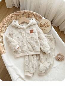 男婴可爱格子蓬松连帽卫衣套装，秋冬 - 米色 - 查看 1