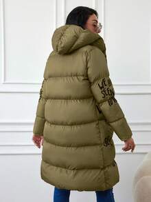 SHEIN Cottnline Plus Size Women'S Hooded Padded Coat With Letter And Flower Print - Army Green - View 2