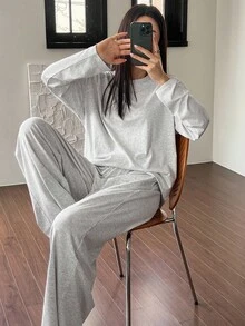 DAZY Simple Solid Color Knit Women Lounge Set, Fall Winter Clothes, Cozy Outfits - Grey - View 4