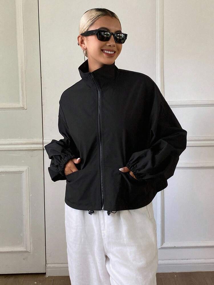 Women's Solid Color Loose Fit High Neck Drawstring Casual Street Jacket, Autumn/Winter