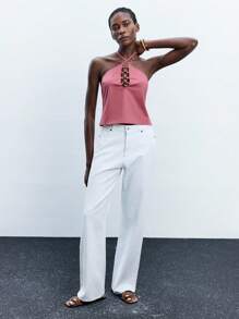 Maija Áo thun không tay cổ buộc dây họa tiết vòng tròn bằng nhựa cắt bất đối xứng dành cho nữ, phong cách công sở giản dị, phù hợp cho lễ hội âm nhạc, Halloween, Giáng sinh, tiệc tùng, kỳ nghỉ theo phong cách Bohemian, áo hở vai - Đỏ - Xem 4