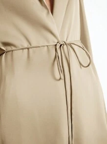 Maija Conjunto de mujer de chaqueta de punto de manga larga con lazo delantero en satén de unicolor y pantalones elásticos de cintura alta, conjunto casual de 2 piezas, ropa de dormir de mujer, conjunto de estilo de oficina clásico casual de negocios para mujer