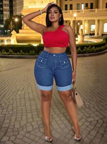 SHEIN SXY Plus Size Women's Elastic Fitted Elegant Fashion Denim Shorts, Autumn Cowboy - Medium Wash - View 4