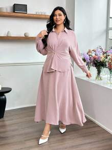 Modelyn Plus Size Women's Solid Color Drop Shoulder Long Sleeve Shirt And Midi Skirt Casual 2 Pieces Set,Fashionable Casual Elegant Women's Clothing, Autumn Women's Clothing, Women's Shirts, Preppy Dresses, Women's Strappy Shirt Dresses, Back To Work Back To School Women's Clothing, Dresses For Mom, Romantic Tops, Party Wear,Knitted Dress