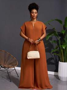 Veslaya Bộ đồ liền thân ống rộng tay ngắn cổ chữ V sâu màu sô cô la phong cách tối giản thanh lịch mới 2025 cho nữ cỡ lớn - Rỉ Nâu - Xem 11