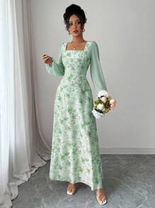 Modelyn Women's Printed Square Neck Long Sleeve Elegant Summer Dress Fall Cloth For Women - Green - View 5