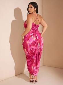 SHEIN BAE Plus Size Fall Elegant Party Woman Green Floral Satin Print Swing Neck Spaghetti Strap Draped High Slit Midi Dress - Pink - View 3