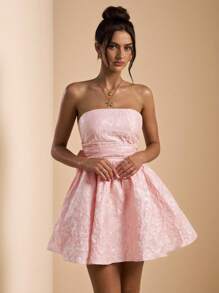 SHEIN BAE 春夏纯粉色纹理提花露背蝴蝶结修身喇叭迷你连衣裙，适合度假、海滩、生日派对、早午餐、婚礼嘉宾、伴娘 - 粉色 - 查看 3