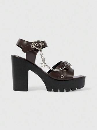 Grunge Punk Women's Elegant Fashion Heart & Star Metal Chain Design High Heel Sandals, Waterproof Platform, Punk Style Round Toe Roman Sandals, Suitable For Party, Daily Wear, Evening Dress, Height Increasing And Leg Lengthening, Comfortable Versatile High Heels