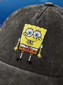 SpongeBob SquarePants | SHEIN 卡通刺绣升级版时尚可爱刺绣棒球帽，休闲防晒日常搭配，廓形挺括 - 黑色 - 查看 3