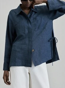 Ontre 2025 New Women's Clothing, Autumn/Winter Apparel, All Season Wear, Winter Outfits, Back To School Looks For Women, Halloween & Christmas Outfits, Women's Teacher Attire, Casual Outings, Night Out Dresses, Wedding Guest Formal Wear, Elegant Wedding Guest Dresses, Church Attire For Women, Business Casual, Women's Business Casual Wear, Versatile Basics, Blouses, Chest Pocket Long Sleeve Shirt Collar Jacket, Women's Shirts,Fall Tops - Medium Wash - View 7