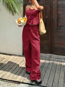 SHEIN EZwear Burgundy Strapless Boho Two-Piece Set With Ruched Bandeau Top And Flowy Pants Boho Jumpsuit - Burgundy - View 5