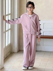 Genkimix Kids 2pcs Tween Girl Fashion Casual Outfit: Hoodie Jacket With 3D Bow Decor And Solid Color Straight Leg Pants Chic Outfits For Autumn/Winter - Pink - View 7