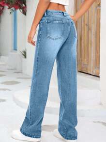 SHEIN Tall Quần jean ống đứng dáng rộng, túi hộp tiện dụng đa năng cho nữ - Rửa nhẹ - Xem 2