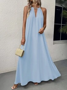 EMERY ROSE Women's Solid Color Simple Daily Wear Swing Neck Halter Dress Maxi Vacation Beach Outfit Baby Blue - Mint Blue - View 5