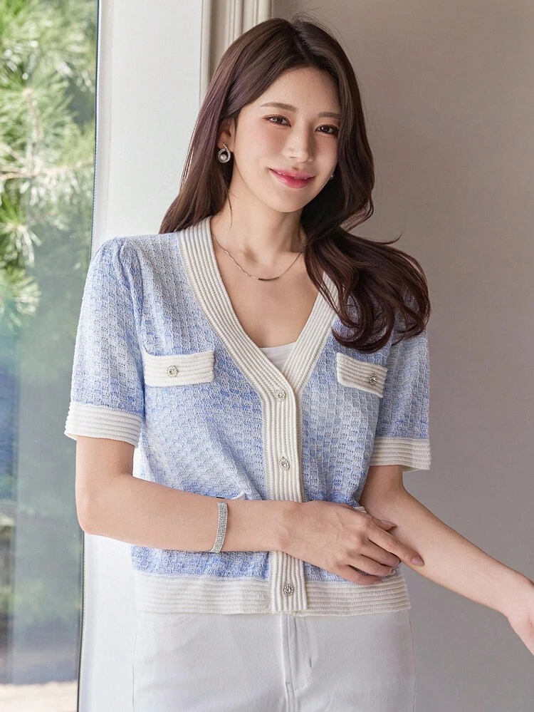 Women's Elegant Contrast Color Knit Top, Summer