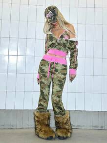 Paul Frank X ROMWE 2件套 Y2K Kpop 亚文化 Baddie 联名 Logo 迷彩印花刺绣卫衣和运动裤套装 - 彩色 - 查看 6