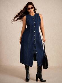 Elaquor 加大码深蓝色牛仔连衣裙无袖背心长裙金属纽扣装饰复古风格商务休闲装女装 - 深色水洗藍 - 查看 7