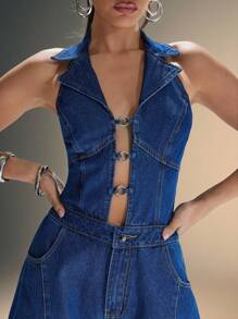 Denimoi 挂脖式 O 型环镂空灯笼腿牛仔连体裤 - 淺色水洗藍 - 查看 3