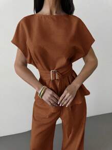 Firerie 春夏新款优雅杏色亚麻竹节领收腰纽扣衬衫和高腰直筒阔腿裤通勤套装、亚麻休闲套装、度假套装 - 鏽棕色 - 查看 5
