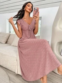 女式针织提花休闲 V 领盖袖宽松三叶草图案连衣裙、家居服 - 紅色 - 查看 3