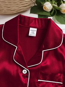 2 件套女婴休闲纯色短袖上衣和裤子舒适家居服套装，春夏 - 酒紅色 - 查看 4