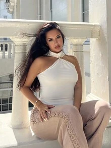 NegzBox Summer Sleeveless Stand Collar Top Women, Metal Decor Design, Commuting And Casual Vacation