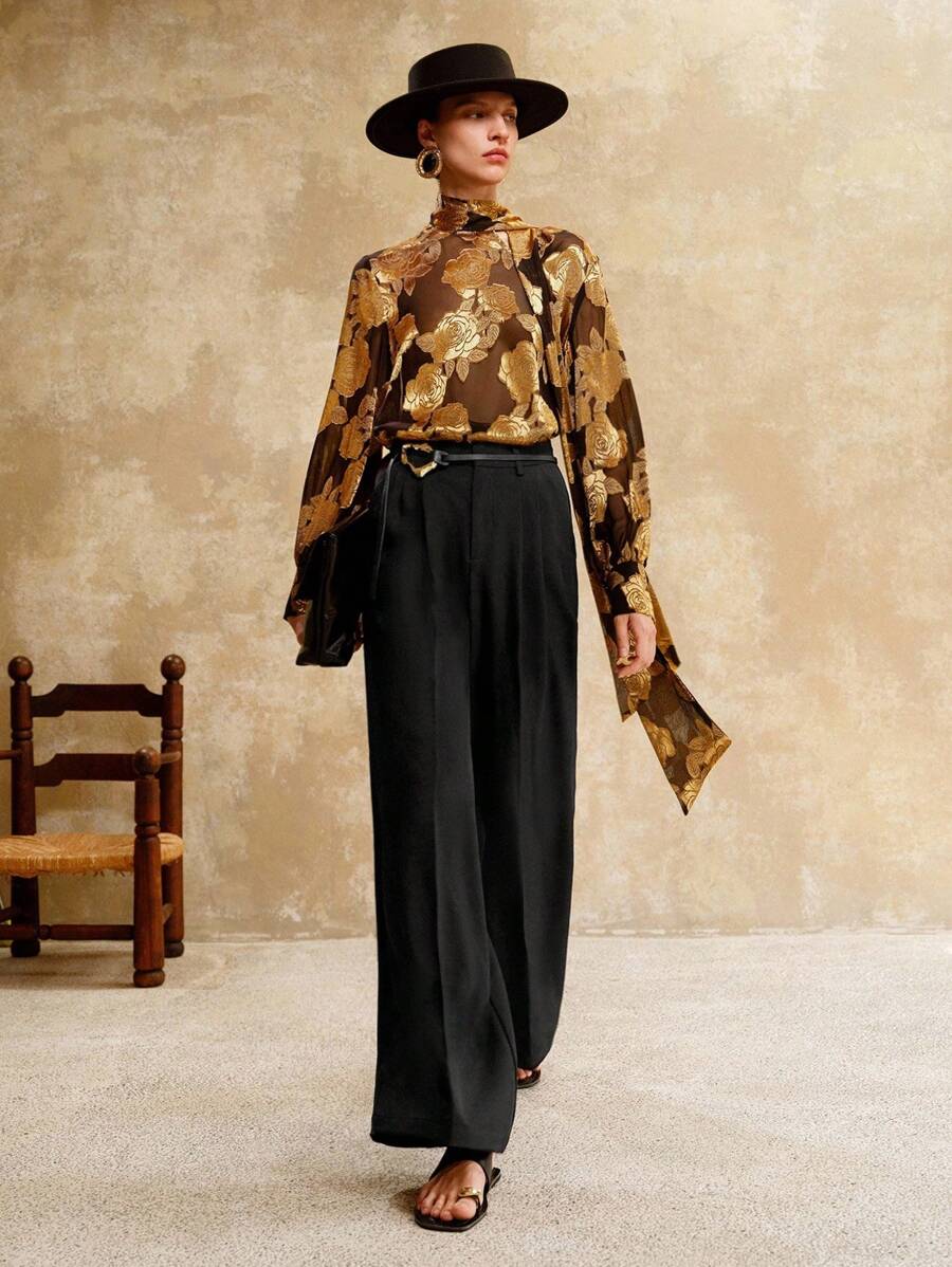 Arave Áo sơ mi nữ chất liệu vải dệt jacquard dập nổi, cổ áo thiết kế ruy băng phối màu tương phản, thời trang và thanh lịch, hai màu, chất liệu jacquard, thích hợp cho giáo viên, mùa thu, phong cách cổ điển, màu trắng, thường ngày, mùa xuân. - Nhiều màu - Xem 1