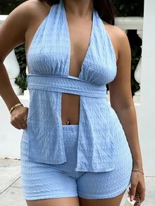 NegzBox 女士度假圣帕特里克节海滩装 2 件套女士纯色开衩下摆露背背心和短裤性感夏季套装，海滩服装女士夏季服装女士两件套海滩女士两件套露背装 - 藍色 - 查看 3