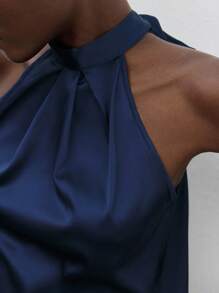 Maija Solid Satin Halter Tie Back Top,Autumn Outfits For Women, Christmas Women's Clothing - Navy Blue - View 5