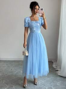 Elenzga Váy lưới thêu họa tiết cổ vuông thanh lịch cho nữ, mùa xuân/hè - Màu xanh lam - Xem 5