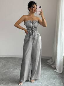 Elenzga 女式夏季休闲条纹抹胸连体裤 - 随机花卉图案 - 黑與白 - 查看 6