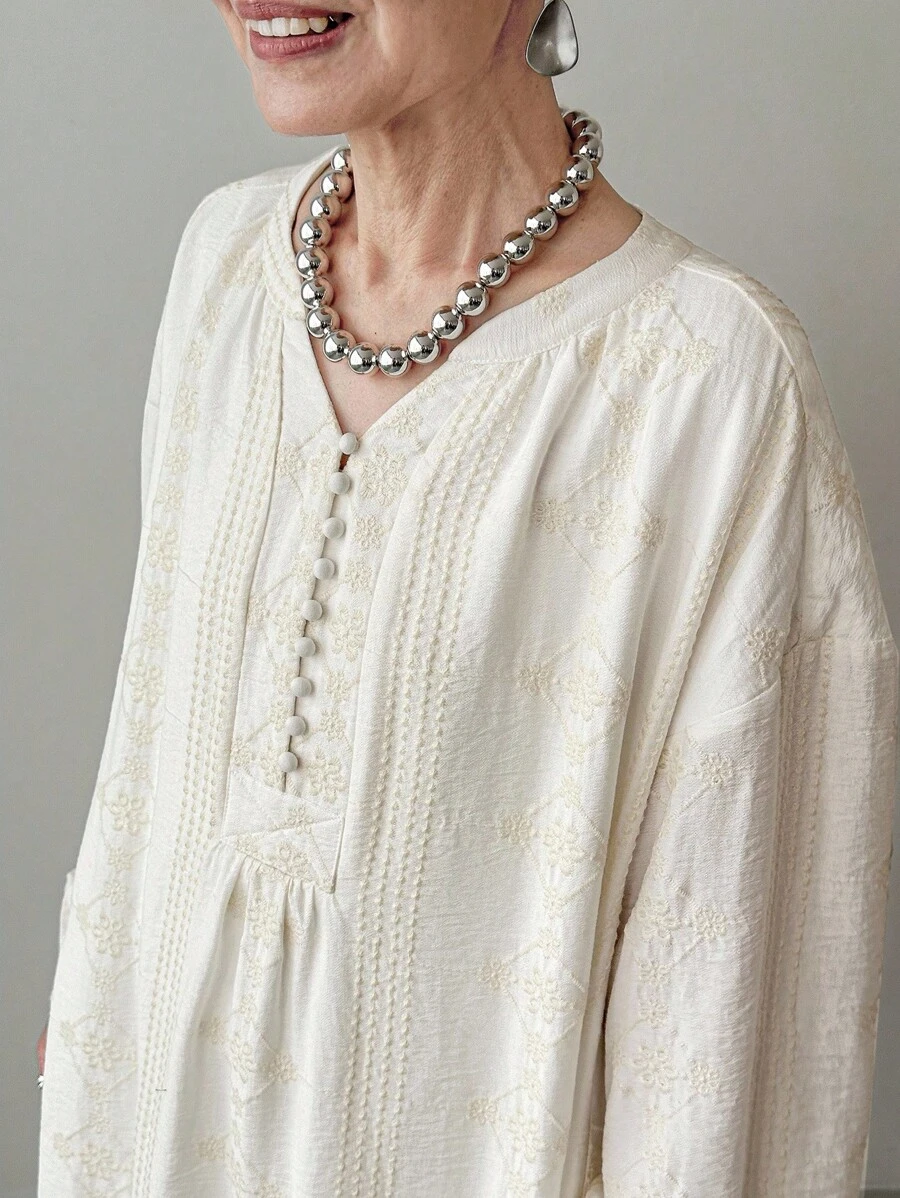 FRIFUL Women's Beige Drop Shoulder Long Sleeve Embroidered Dress Maxi Dress - Beige - View 1