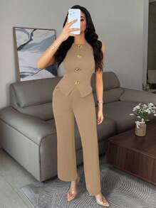Conjunto elegante de negocios casuales para mujer, camiseta sin mangas ajustada y sexy con decoración de botones de metal y pantalones, conjunto de 2 piezas en color negro - Caqui - Ver 9