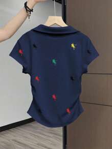 女式休闲骑士印花褶饰T恤，夏季 - 藏蓝色 - 查看 2