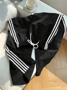 Comfortcana 大码撞色侧条纹松紧腰宽松休闲运动裤 - 黑色 - 查看 7