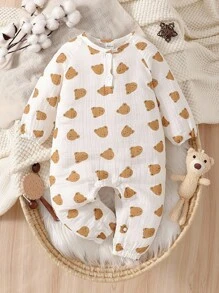 SHEIN Baby Girls' Casual Raglan Sleeve Round Neck Cute Bear Print Jumpsuit, Autumn Newborn Baby Clothes Neutral Baby Clothes Baby Jumpsuit Bear Print Jumpsuit - White - View 1