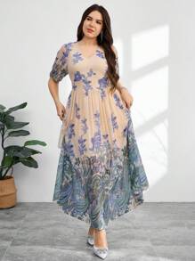 Modelyn Plus Size Women Floral Print V-Neck Puff Sleeve Elegant Dress - Multicolor - View 4