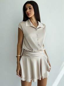 Firerie Women's Champagne Shirt Collar Ruffle Trim Mini Dress, Romantic Elegant Dress, Spring/Summer Clothing, Commute, Elegant, Romantic, Date, Music Festival, Work Attire