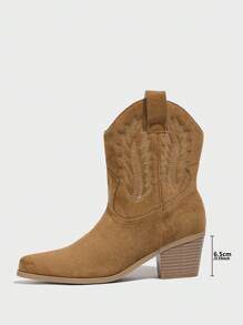 Daringsoles 女士尖头粗跟套脚西部靴，绒面革刺绣中跟牛仔踝靴，卡其色，适合圣诞节穿着 - 卡其色 - 查看 6