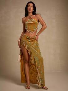 Glamine 天鹅绒荷叶边高开叉优雅半身裙