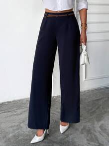 EURMUSE Calça feminina de perna larga com cinto e detalhes em cor sólida - Azul marinho - Ver 3