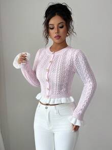 Elenzga Nuevo cárdigan corto de punto ajustado con cuello redondo y puños con volantes, con diseño de botón metálico, dulce para una cita del Día de San Valentín, versátil - Rosa - Ver 5