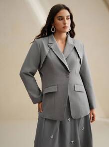 Anewsta 灰色优雅职业女士西装外套，收腰，长袖，独特设计，端庄 - 灰色 - 查看 5