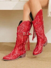 Styleloop Western Style Studded Buckle Design Women's Mid-Calf Riding Boots, Suitable For Halloween, Christmas, Party - Red - View 2