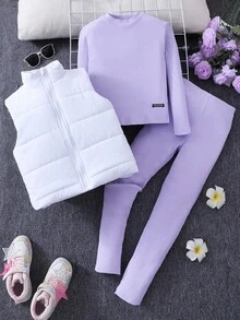 SHEIN Sparklyn Bộ 3 món áo vest cotton chần bông ấm áp, đa năng, mặc hàng ngày, thoải mái, phù hợp với mọi phong cách cho bé gái tuổi mới lớn + áo phông dài tay cổ đứng ôm vừa vặn + quần legging dệt kim gân, thời trang Thu/Đông - Màu tím - Xem 2