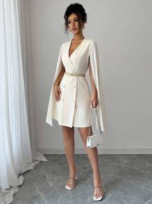 Elenzga Women's Solid Color V-Neck Belted Blazer Dress Fall Cloth For Women - Apricot - View 3